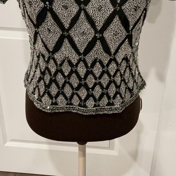 Papell Boutique Black Silver Sequins Blouse Top 100% Silk Glam Bling 90s Size M - Picture 4 of 11